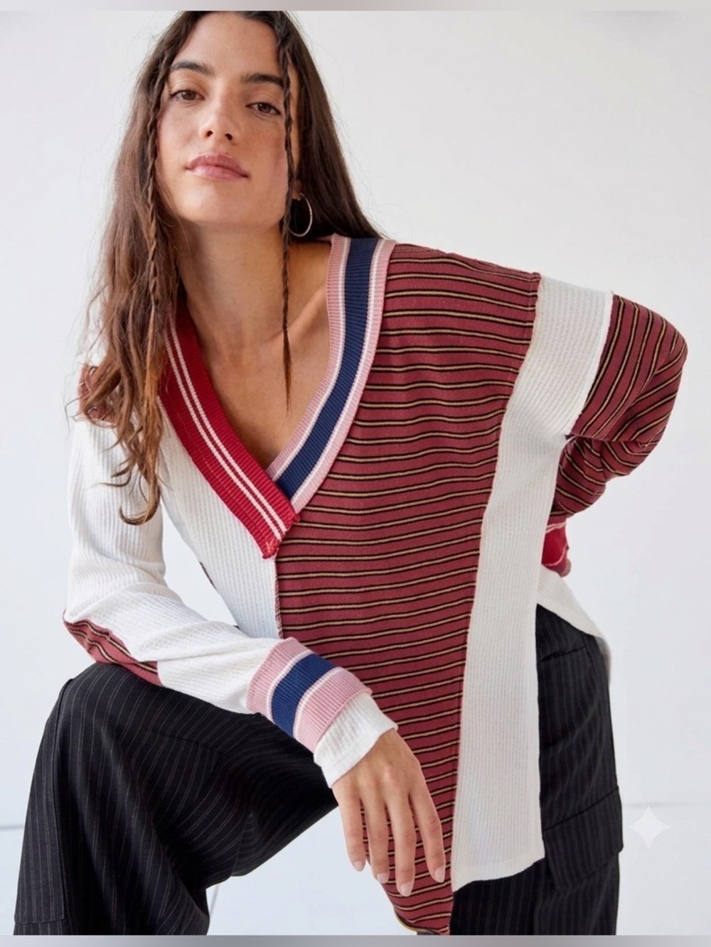 BDG Urban Outfitters Patchwork Waffle Knit Striped V-Neck Top Size S-P Thermal